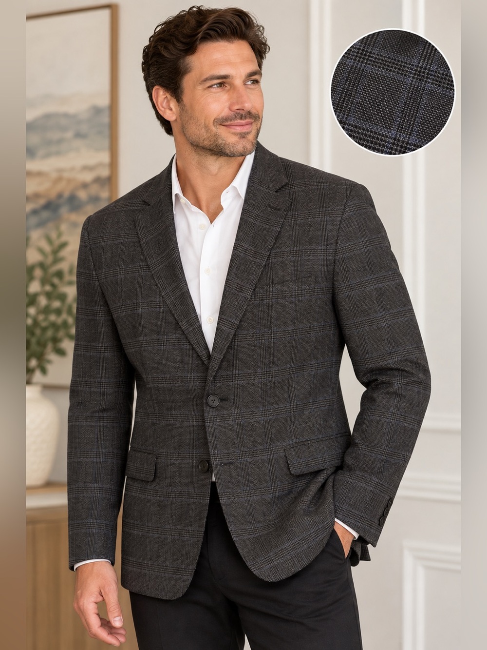 Kenneth Cole Men's Plaid Sport Coat in Dark Gray with Brown Accents